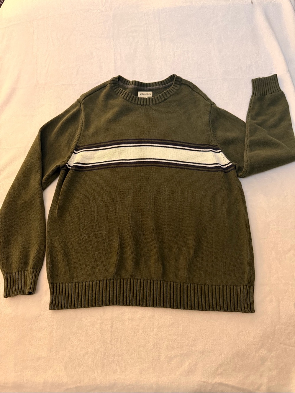 St John’s Bay Men’s Olive Green Striped Crewneck Sweater - size: L